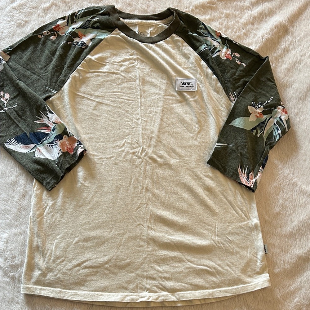 Vans Cream and Green Floral 3/4 Sleeve Tee